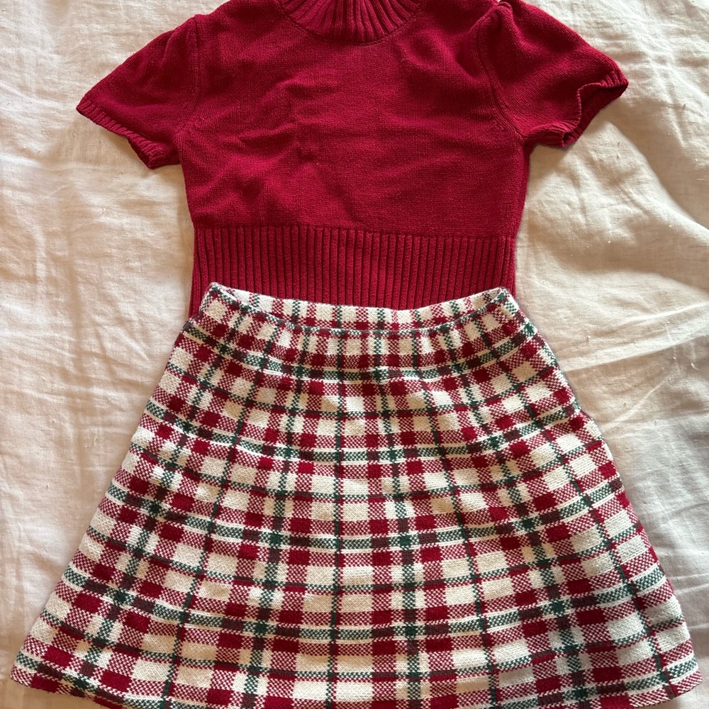 Plaid Red and White Kids Skirt with Sweater
